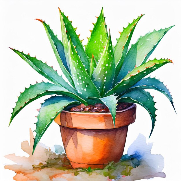 Aquarellmalerei von Aloe Vera in einem Topf Hausgarten Grüne Zimmerpflanze Abstrakte handgezeichnete Kunst