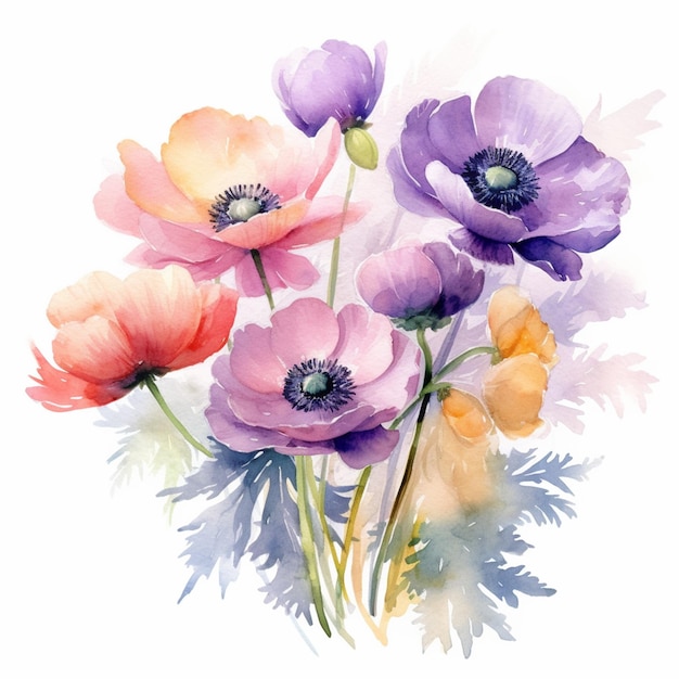 Aquarellmalerei von Anemonen mit lila, rosa und lila Blüten.