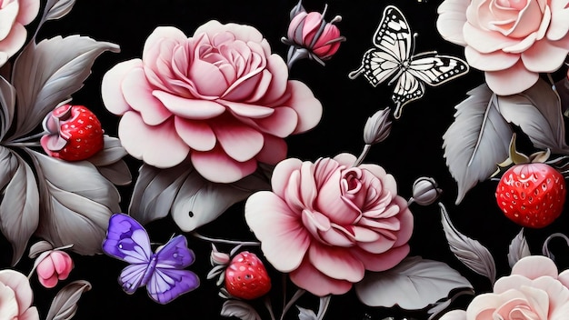 Aquarellmalerei von Blättern und Blumen mit nahtlosem Muster auf dunklem Hintergrund