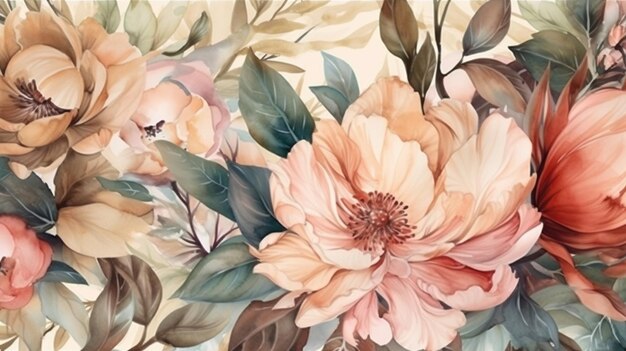 Aquarellmalerei von Blättern und Blumen nahtloses Muster auf weißem Hintergrundgenerative ai