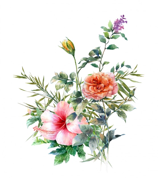 Aquarellmalerei von Blättern und von Blume, auf Weiß