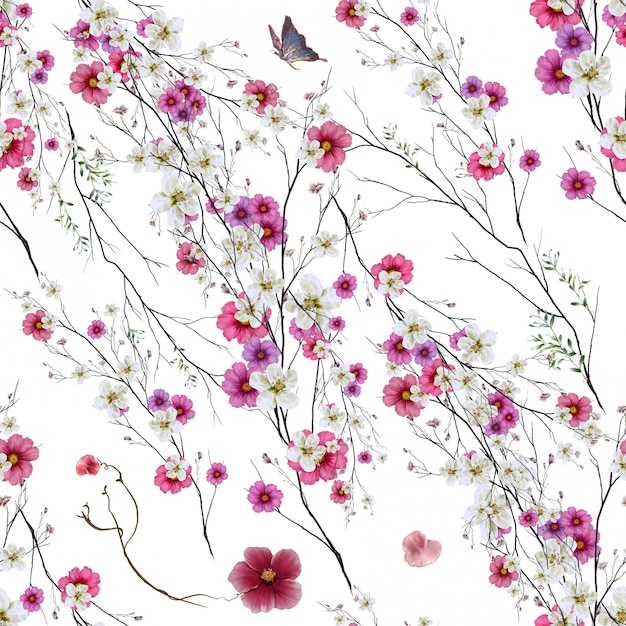 Aquarellmalerei von Blatt und Blumen auf Weiß