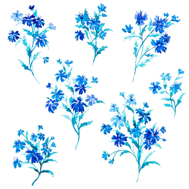 Aquarellmalerei von blühenden wilden violetten Blumen mit grünen Blättern Kreative Blumenillustration