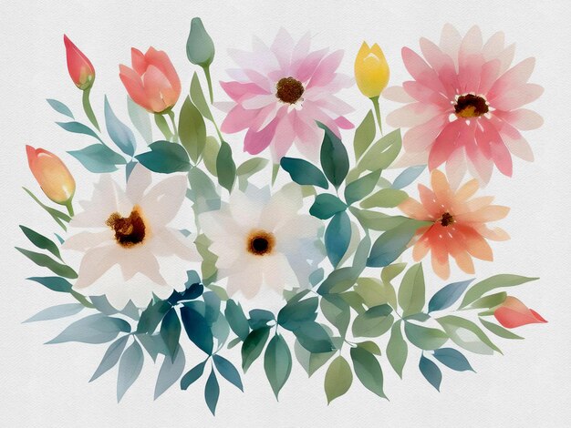 Aquarellmalerei von Blumen auf weißem Papierhintergrund AI generiert