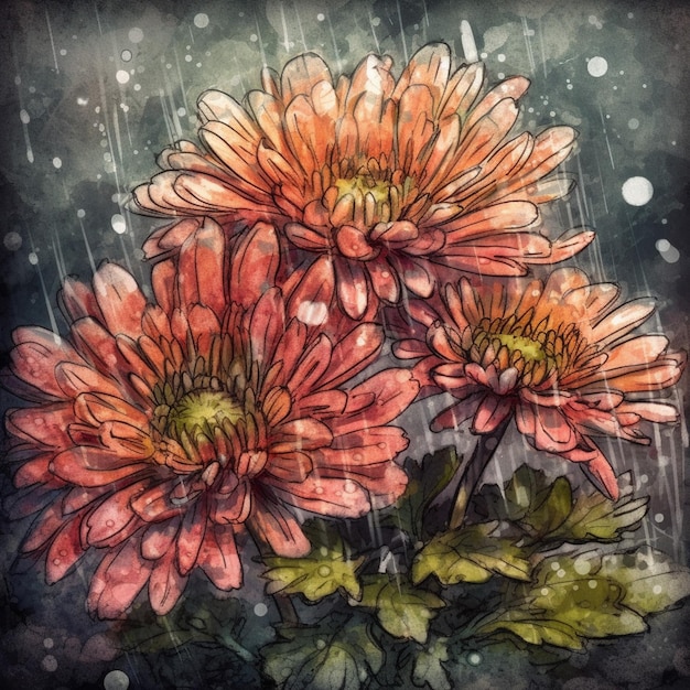 Aquarellmalerei von frischen Chrysanthemen