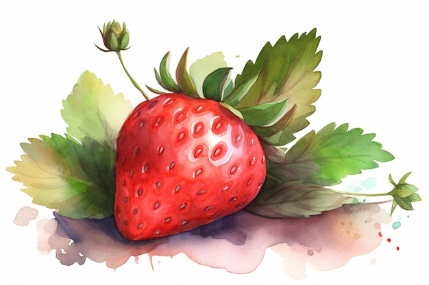 Aquarellmalerei von frischen großen Erdbeeren mit Blättern auf weißem Hintergrund generative KI