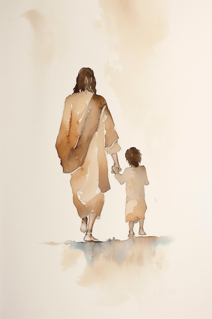 Aquarellmalerei von Jesus und seinem Vater, die sich an den Händen halten und einen Weg entlanggehen.