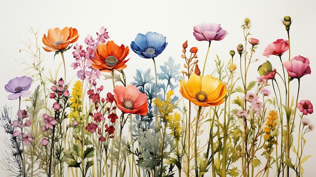 Aquarellmalerei von kleinen Blumen in der Frühlingswiese auf weißem HintergrundGenerative KI