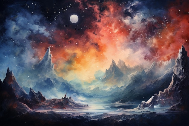 Aquarellmalerei von kosmischen Landschaften
