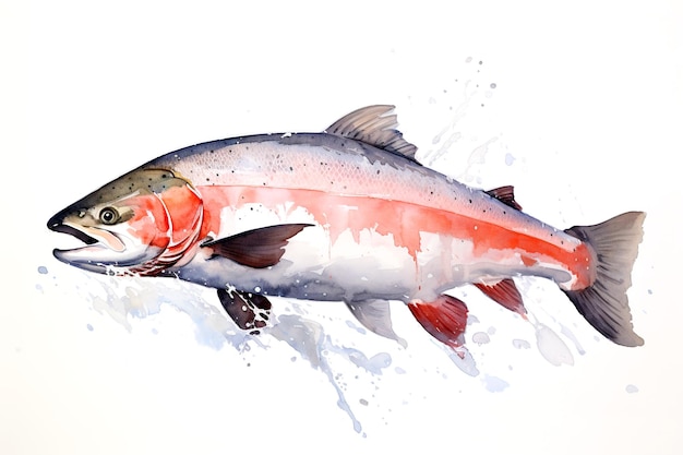 Aquarellmalerei von Lachsfischen auf einem sauberen Hintergrund Fisch Nahrung Unterwassertiere Illustration Generative KI