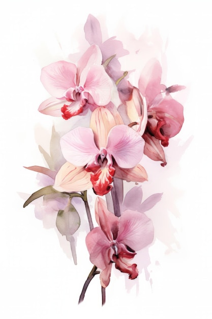 Aquarellmalerei von Orchideenblüten auf weißem Hintergrund, handgezeichnete Illustration