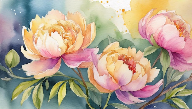 Aquarellmalerei von Pfeonenblumen Botanische handgezeichnete Kunst Schöne Blumenkomposition