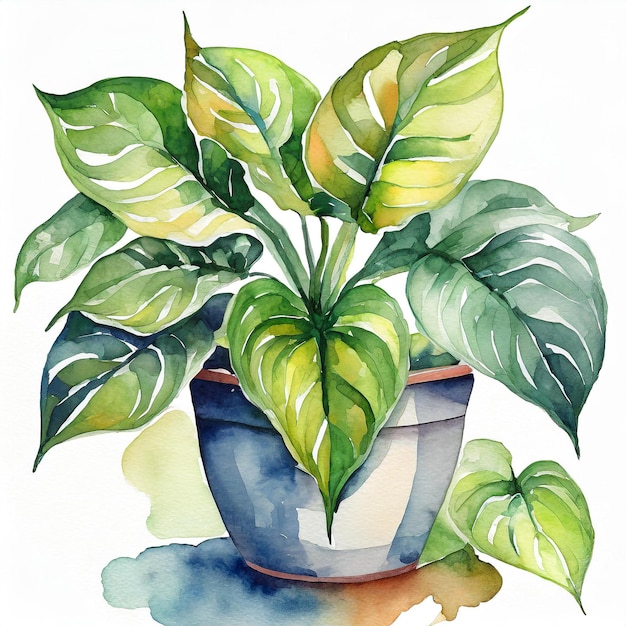 Aquarellmalerei von Pothos-Pflanze im Topf Hausgarten Grüne Zimmerpflanze Abstrakte handgezeichnete Kunst