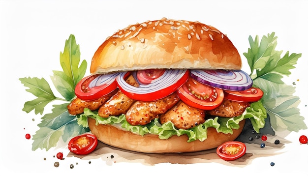 Foto aquarellmalerei von saftigem hamburger, leckerem fastfood, köstlicher mahlzeit, handgezeichneter kunst