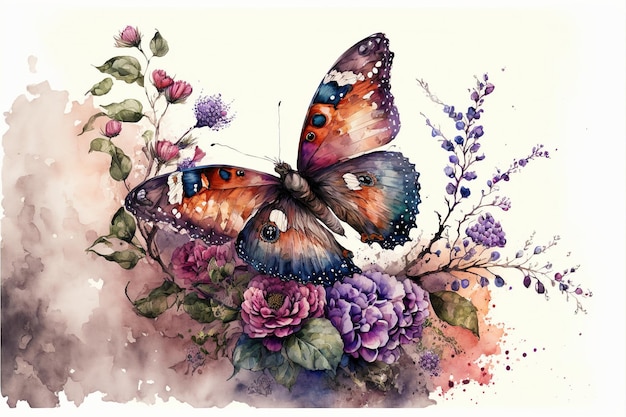Aquarellmalerei von Schmetterling und Blumengarten isolierter Hintergrund