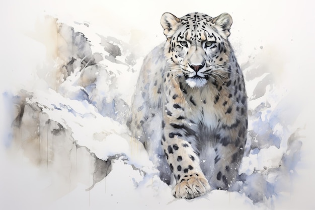 Aquarellmalerei von Schneeleoparden in der schneebedeckten Wildnis Wildtiere Generative KI