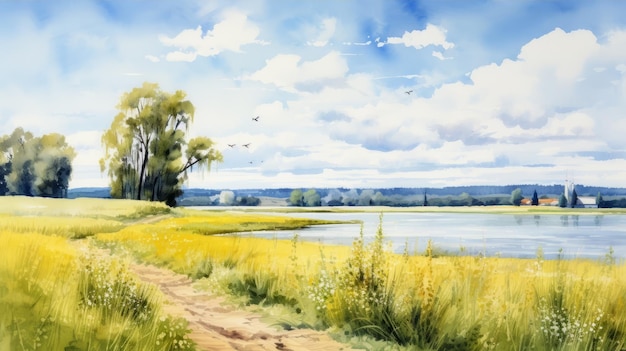 Aquarellmalerei von See und Feld Fotorealistische Landschaft von Ruslan Lobanov