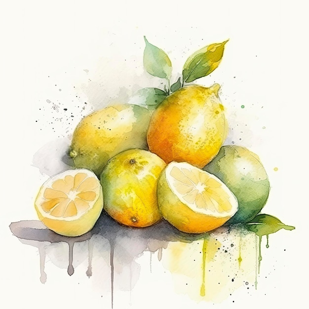 Aquarellmalerei von vier Zitronen auf weißem Hintergrund Generieren Sie Ai