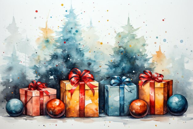 Foto aquarellmalerei von weihnachtsgeschenkkisten mit bogen und weihnachtenkugeln