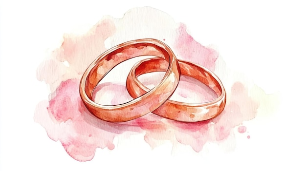 Aquarellmalerei von zwei miteinander verflochtenen Hochzeitsringen auf einem rosa Hintergrund