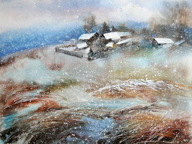 Aquarellmalerei Winterlandschaft mit Schnee