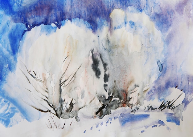 Aquarellmalerei Winterlandschaft mit Schneebäumen