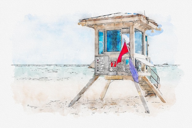 Aquarellmalereiillustration des Rettungsschwimmerturms in Fort Lauderdale