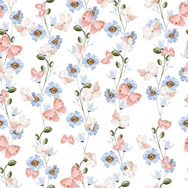 Aquarellmuster mit Blumen und Schmetterlingsblumen