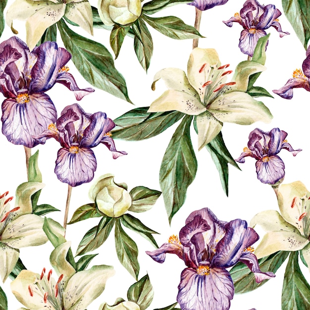 Aquarellmuster mit Blumeniris, Pfingstrosen und Lilien, Knospen und Blütenblättern. Illustration