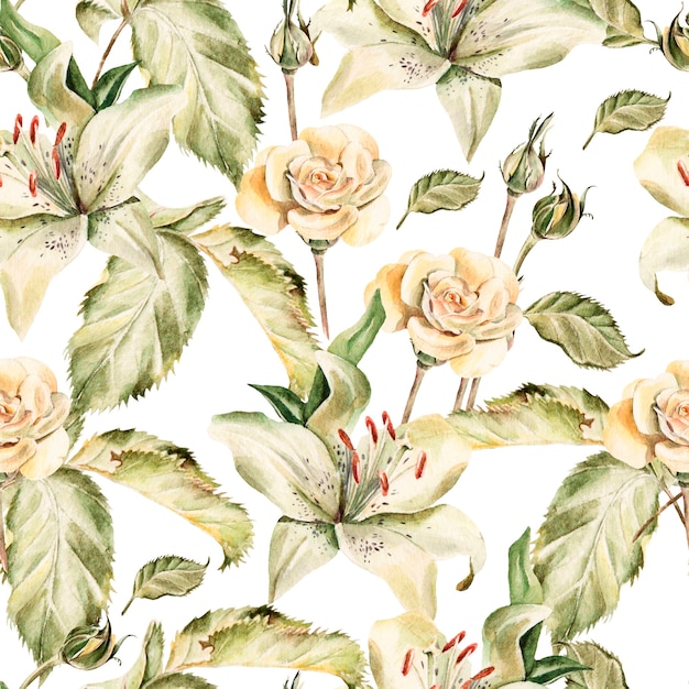 Aquarellmuster mit Blumenlilien, Rosen, Knospen und Blütenblättern. Illustration