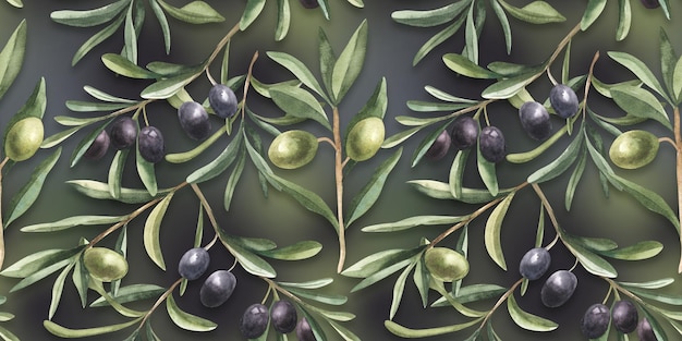 Aquarellmuster mit Ästen des Olivenbaums Botanische Illustration