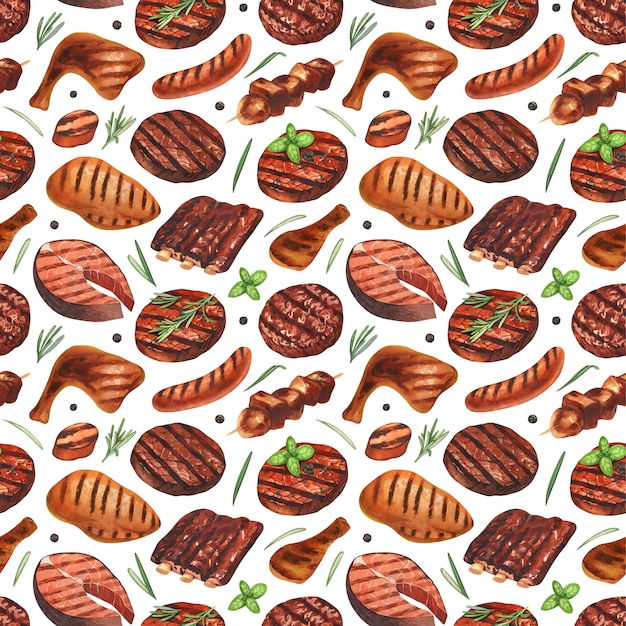 Aquarellmuster nahtloser gegrillter Fleischhamburger und Steakrindfleisch