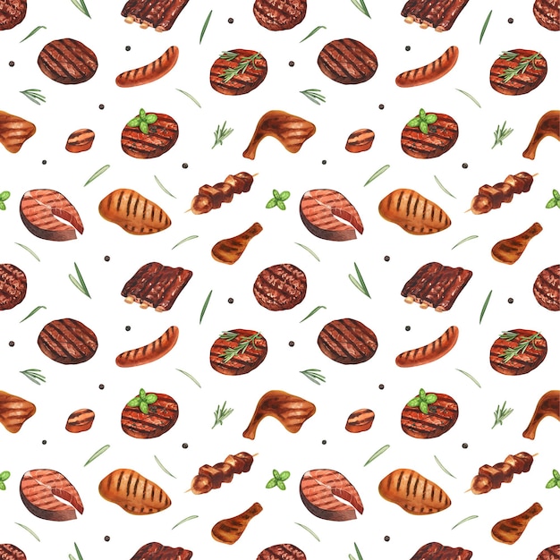 Aquarellmuster nahtloser gegrillter Fleischhamburger und Steakrindfleisch