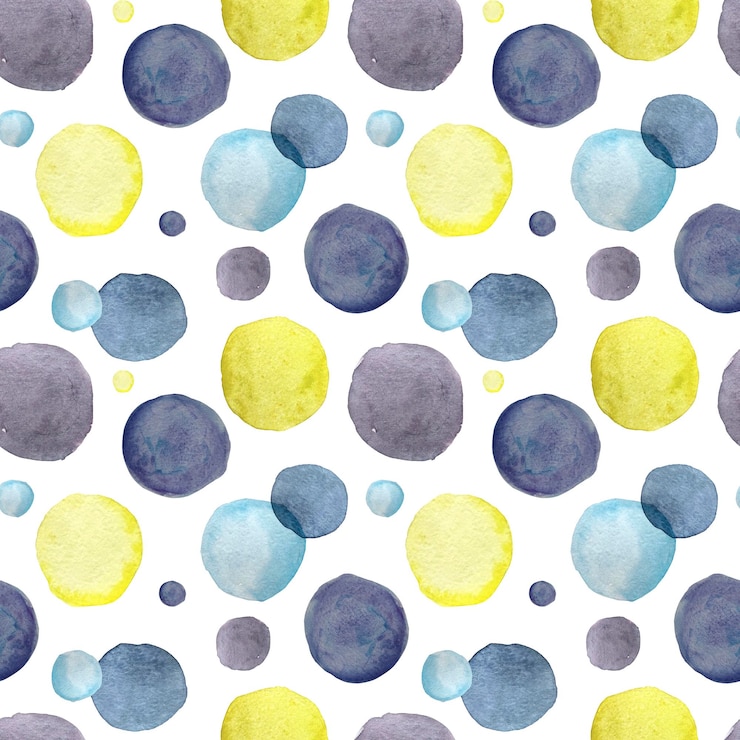 Foto aquarellmuster nahtloser gelber, blauer, violetter kreis, flecken, füllung für stoff, textilien, tapeten