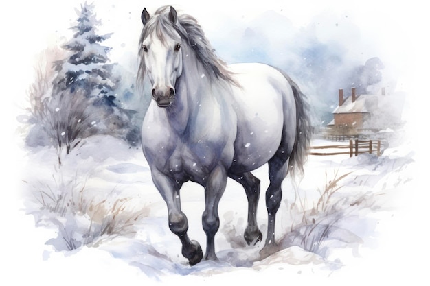 Aquarellpferd im Winter isoliert auf weißem Hintergrund