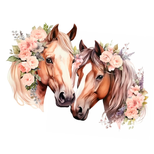 Aquarellpferde mit Blumen Schöne Pferde mit Liebe Aquarellillustration isoliert auf weißem Hintergrund
