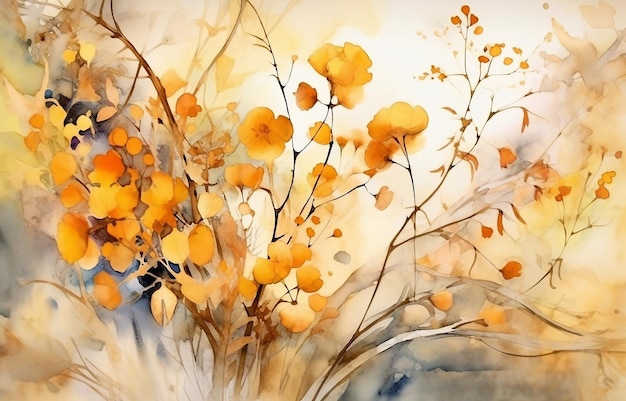 Aquarellpflanzen Goldelementblumen Pferdefedern tropische Blätter