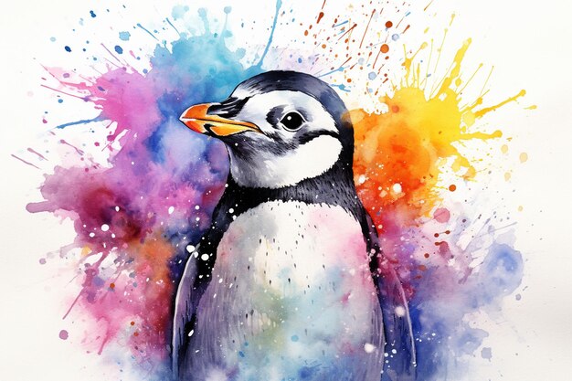 Foto aquarellpinguin mit bunten spritzern