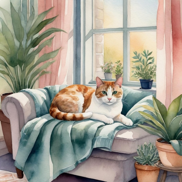 Foto aquarellporträt einer katze auf einem farbigen hintergrund digitale malerei