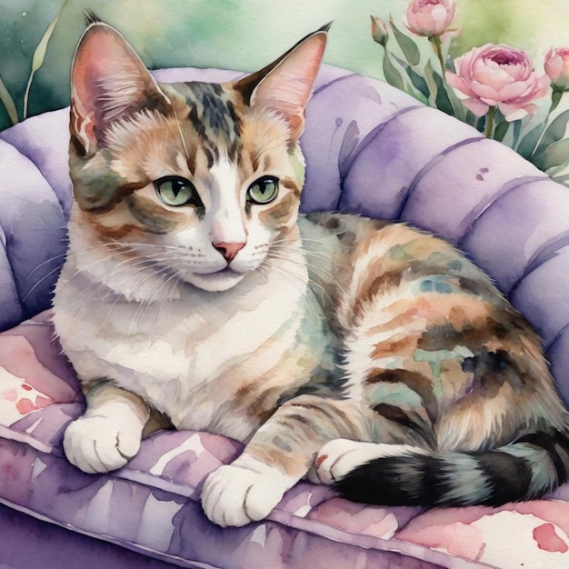 Foto aquarellporträt einer niedlichen katze auf einem sofa mit blumen