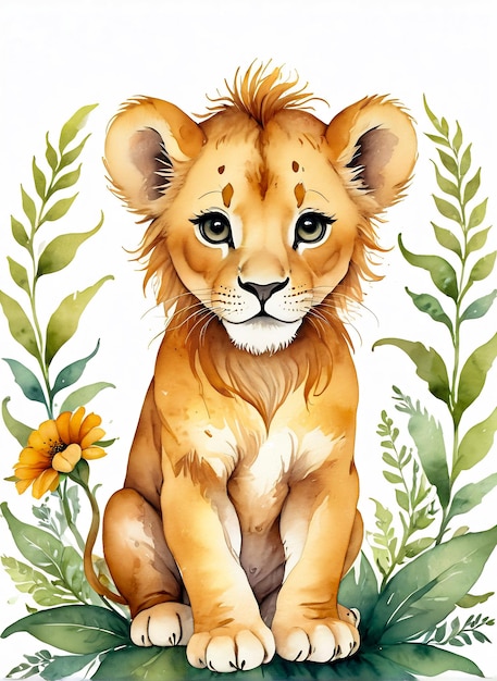 Foto aquarellporträt, süßes löwe, safari-tierillustration, druckbar auf wandkunstwerke