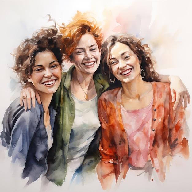 Aquarellporträt von Mädchen, zwei Schwestern und Freundin