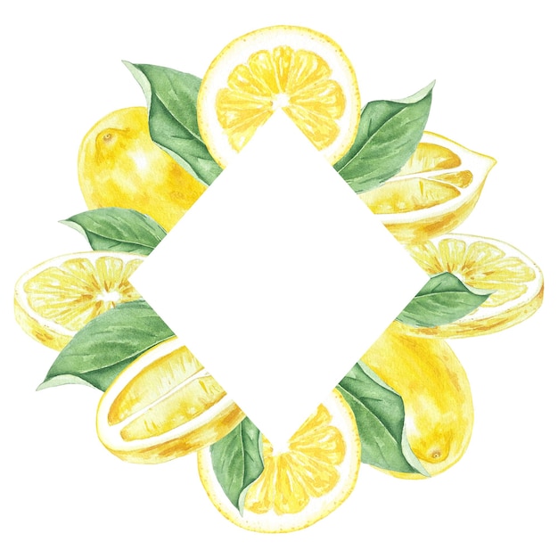 Aquarellrahmen aus Zitronen, Blumen und Blättern für den Einsatz in Urlaub, Hochzeit, Logo und Lebensmitteldesign