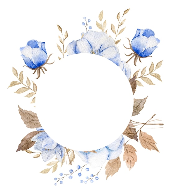 Aquarellrahmen mit blauen Blumen und braunen Blättern