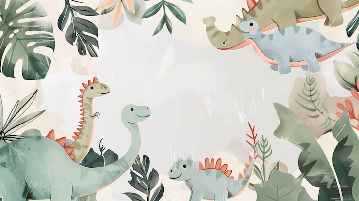 Foto aquarellrahmen mit dinosauriern und pflanzen dinosaurier-vorlage für geburtstagseinladungskarten-banner mit kopierraum