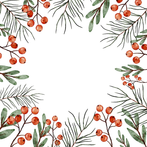 Aquarellrahmen Wintergrün umgibt einen leeren Kopierraum mit Zweigen aus roten Beeren und immergrünen Blättern