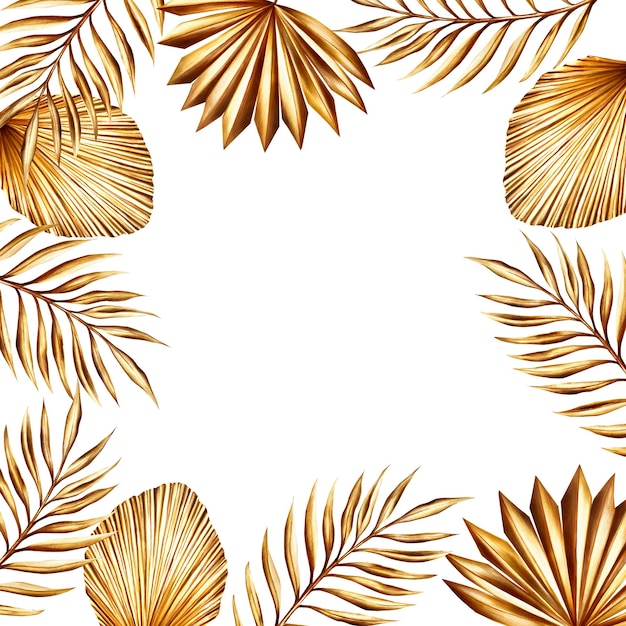 Aquarellrahmenvorlage mit goldenem Pampasgras, Dattelpalmenzweig-Illustration, isoliert auf weißem b