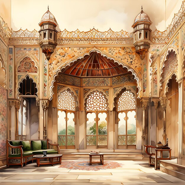 Aquarellraum des pakistanischen Mughal-Palastraums, opulent mit Mugh-Szene auf weißem Hintergrund