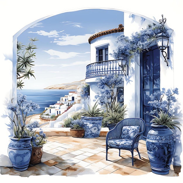 Aquarellraum mit sardischem Küstenraum, mediterranem Blues und Szenenkunst auf weißem Hintergrund