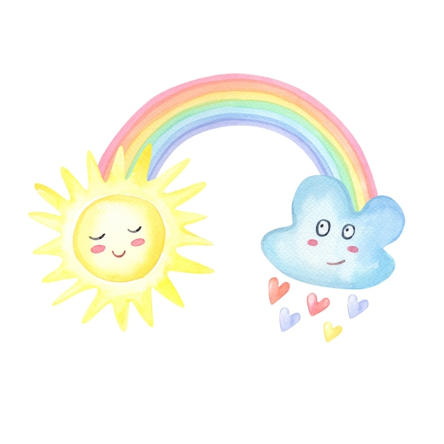 Aquarellregenbogen, Wolke mit Regen der Herzen, Sonne auf Weiß